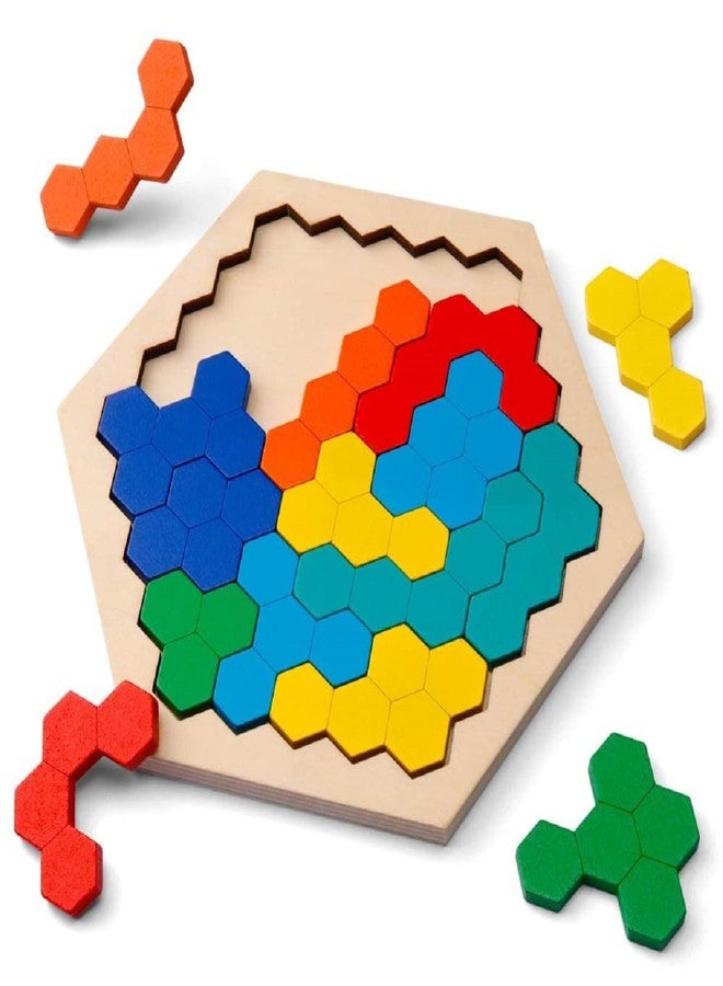 MOBDESK Wooden Hexagon Puzzle for Kids Geometry Shape Pattern Block Educational Gift Logic IQ Game Stem Montessori Toy Block Tangram Brain Teaser Toy Preschool Learning Puzzle - Image 1